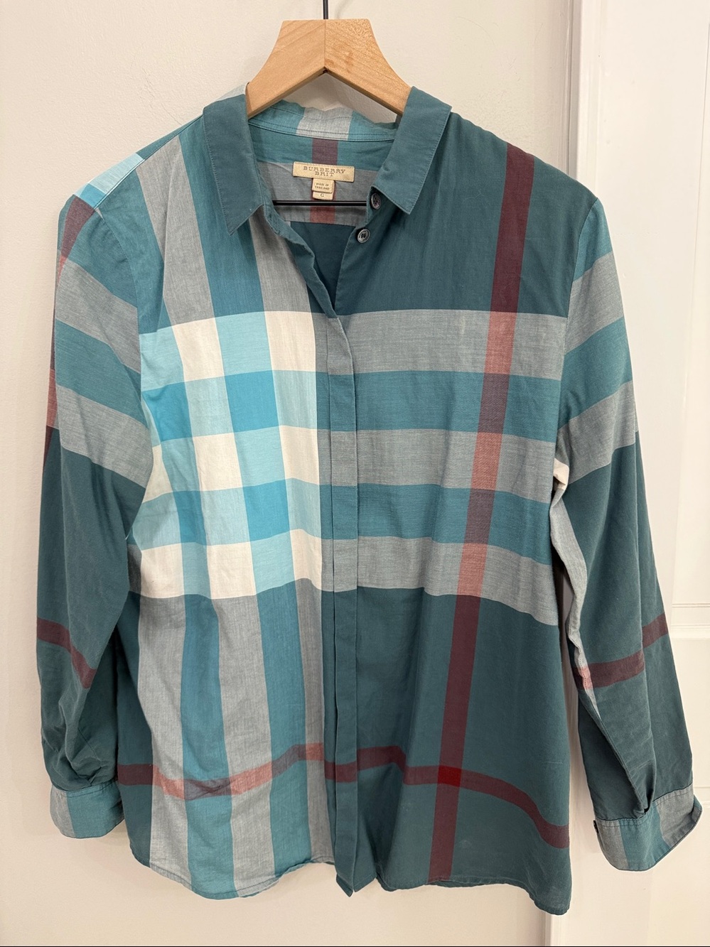 Burberry Brit Color Block Check Plaid Button Down Shirt Teal Blue, Size Large